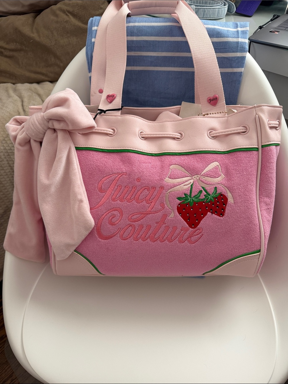 Juicy Couture Pink Strawberry Embroidered Tote with Bow